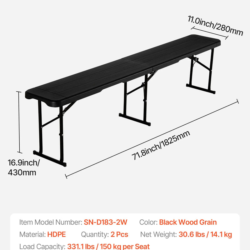 VEVOR salokāms plastmasas sols 183 cm, pārnēsājams HDPE āra sols piknikam, dārzam un pasākumiem, komplekts 2 gab., 2 pārnēsāšanas somas, melns