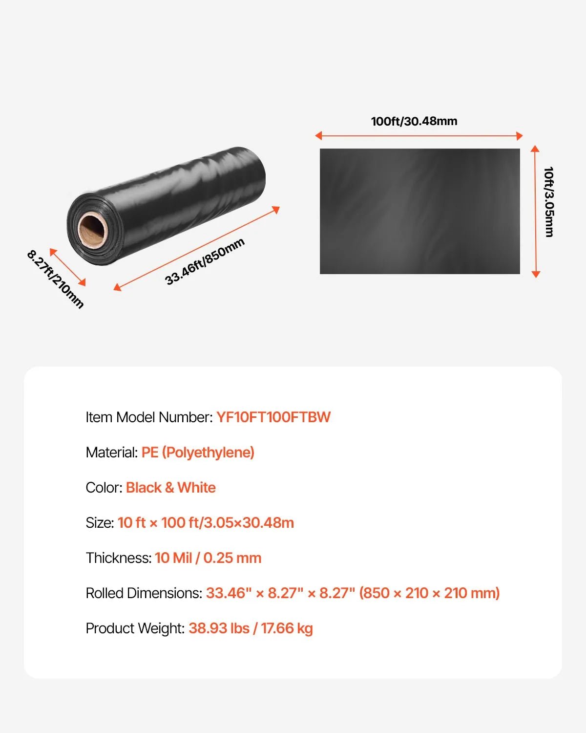VEVOR 0,25 mm bieza plastmasas plēve 3,05 x 30,48 m, pastiprināts polietilēna pārklājums, krāsošanas aizsargplēve un pagrīdes tvaika barjera, melnbalta divpusēja, daudzfunkcionāla - ZEMLETES.LV