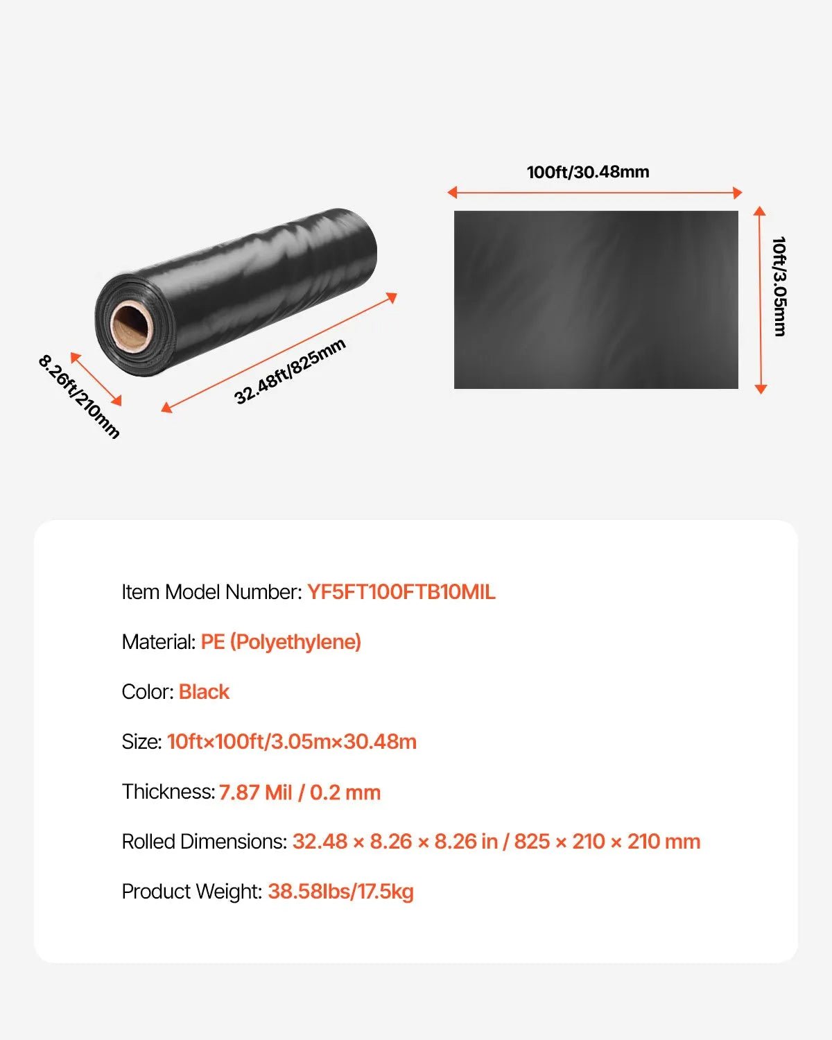 VEVOR 0,25 mm bieza plastmasas plēve 3,05 x 30,48 m, pastiprināts polietilēna pārklājums, aizsargplēve krāsošanai, tvaika barjera pagrīdes telpām, daudzfunkcionāla, melna - ZEMLETES.LV