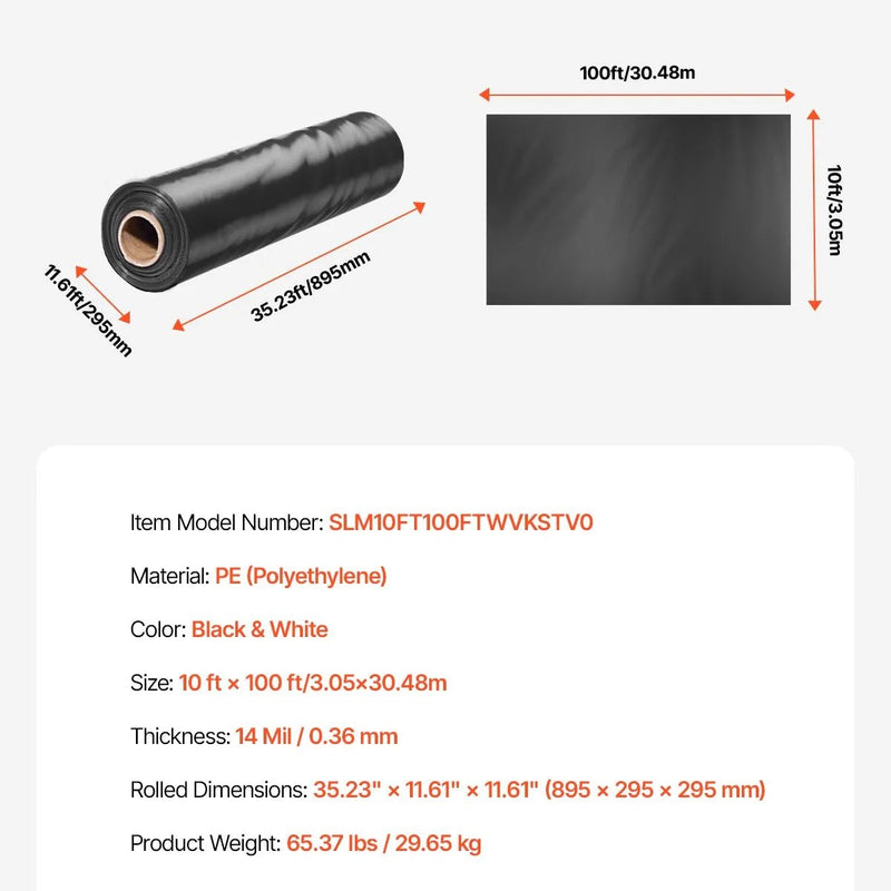 VEVOR 0,35 mm bieza plastmasas plēve 3,05 x 30,48 m, pastiprināts polietilēna pārklājums, krāsošanas aizsargplēve un pagrīdes tvaika barjera, melnbalta divpusēja, daudzfunkcionāla - ZEMLETES.LV
