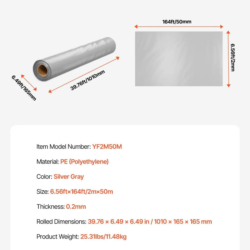VEVOR 0,2 mm plastmasas plēve, 1,98 x 50 m pagrīdes tvaika barjera, izturīgs dārza polietilēna plēves rullis, daudzfunkcionāla būvniecības plēve, krāsošanas aizsargplēve saimniecībai, pelēka - ZEMLETES.LV