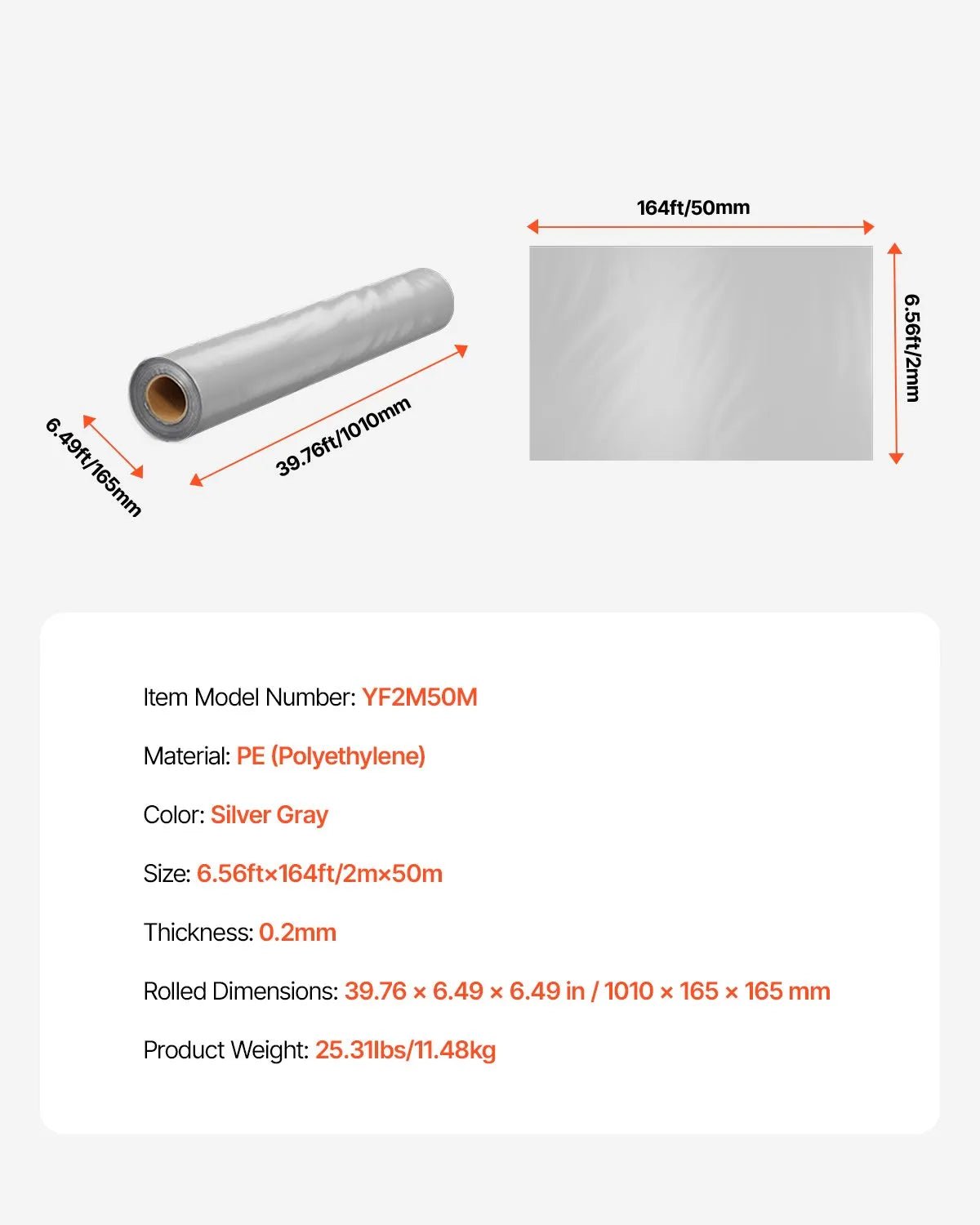 VEVOR 0,2 mm plastmasas plēve, 1,98 x 50 m pagrīdes tvaika barjera, izturīgs dārza polietilēna plēves rullis, daudzfunkcionāla būvniecības plēve, krāsošanas aizsargplēve saimniecībai, pelēka - ZEMLETES.LV