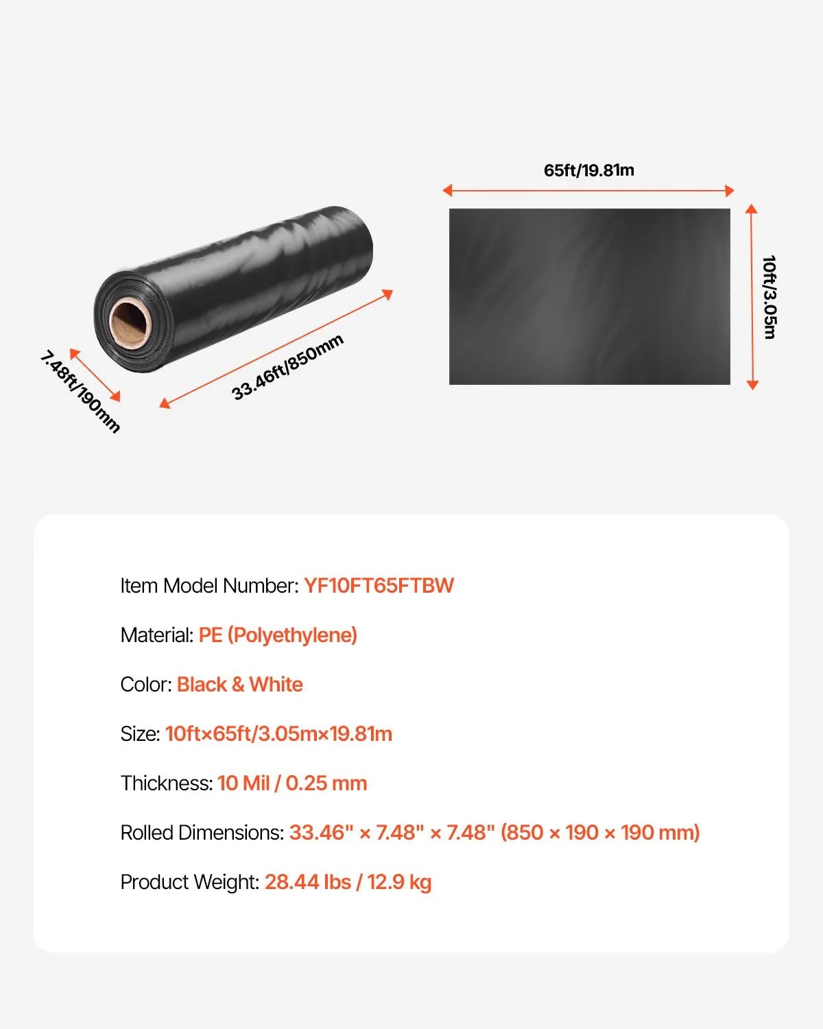 VEVOR 0,25 mm bieza plastmasas plēve 3 x 19,8 m, smaga tipa plastmasas plēves rullis, krāsošanas aizsargpārklājs un tvaika barjera pamatu pārsegumiem, melnbalta abpusēja, daudzfunkcionāla - ZEMLETES.LV