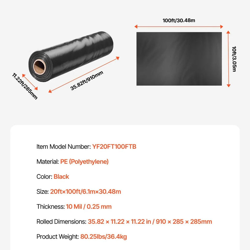 VEVOR 0,25 mm izturīga plastmasas plēve 6,1 x 30,5 m, bieza plastmasas plēves rullis, krāsošanas aizsargplēve, polietilēna pārklājums pagrīdes tvaika barjerai, daudzfunkcionāla, melna - ZEMLETES.LV