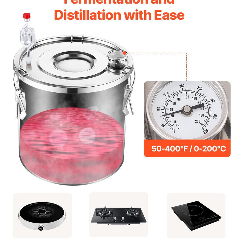 50L divu kondensatoru nerūsējošā tērauda destilācijas aparāts ar iebūvētu termometru uz vāka un ūdens cirkulācijas sūkni, piemērots alkohola destilācijai