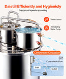 50L divu kondensatoru nerūsējošā tērauda destilācijas aparāts ar iebūvētu termometru uz vāka un ūdens cirkulācijas sūkni, piemērots alkohola destilācijai