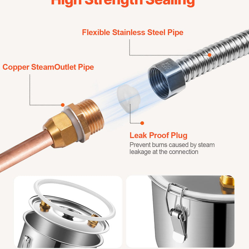 50L divu kondensatoru nerūsējošā tērauda destilācijas aparāts ar iebūvētu termometru uz vāka un ūdens cirkulācijas sūkni, piemērots alkohola destilācijai