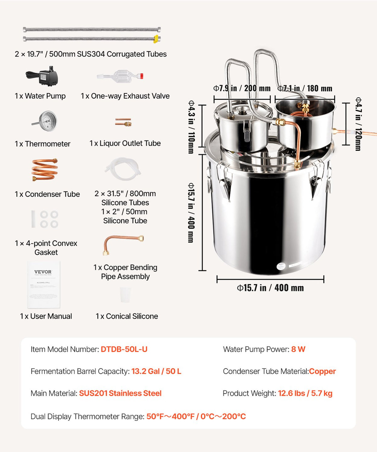 VEVOR Distillation Apparatus 50 l with Dual Condensers, Thermometer and Circulation Pump