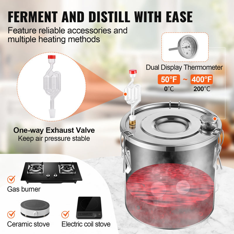 50L destilācijas aparāts ar iebūvētu termometru uz vāka un 8W ūdens cirkulācijas sūkni, šo iekārtu var izmantot augļu vīnu, brendija, degvīna, viskija, etanola, ūdens un ēterisko eļļu destilācijai.