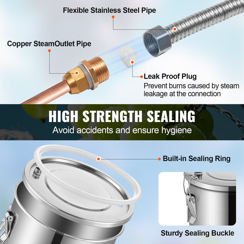 11.4L nerūsējošā tērauda destilācijas aparāts ar iebūvētu termometru uz vāka un ūdens cirkulācijas sūkni, piemērots alkohola destilācijai