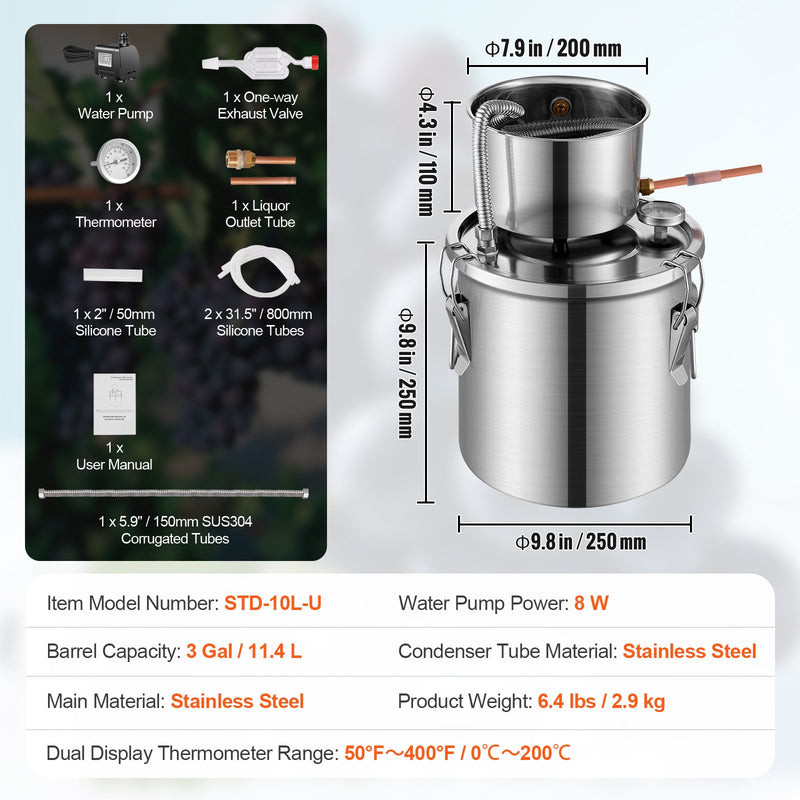 VEVOR 11.4L nerūsējošā tērauda destilācijas aparāts ar iebūvētu termometru uz vāka un ūdens cirkulācijas sūkni, piemērots alkohola destilācijai