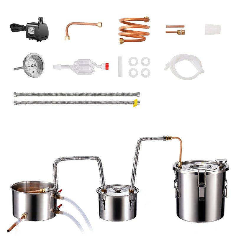 11.4L divu kondensatoru destilācijas aparāts ar iebūvētu termometru uz vāka un 8W ūdens cirkulācijas sūkni, šo iekārtu var izmantot augļu vīnu, brendija, degvīna, viskija, etanola, ūdens un ēterisko eļļu destilācijai.