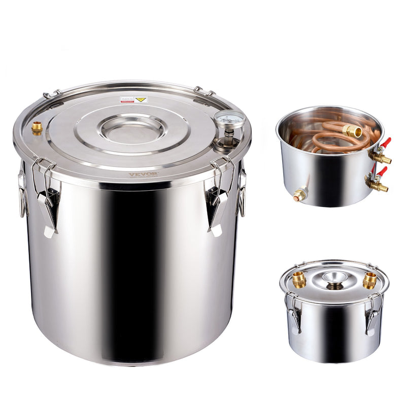 11.4L divu kondensatoru destilācijas aparāts ar iebūvētu termometru uz vāka un 8W ūdens cirkulācijas sūkni, šo iekārtu var izmantot augļu vīnu, brendija, degvīna, viskija, etanola, ūdens un ēterisko eļļu destilācijai.