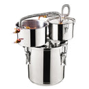 11.4L divu kondensatoru destilācijas aparāts ar iebūvētu termometru uz vāka un 8W ūdens cirkulācijas sūkni, šo iekārtu var izmantot augļu vīnu, brendija, degvīna, viskija, etanola, ūdens un ēterisko eļļu destilācijai.