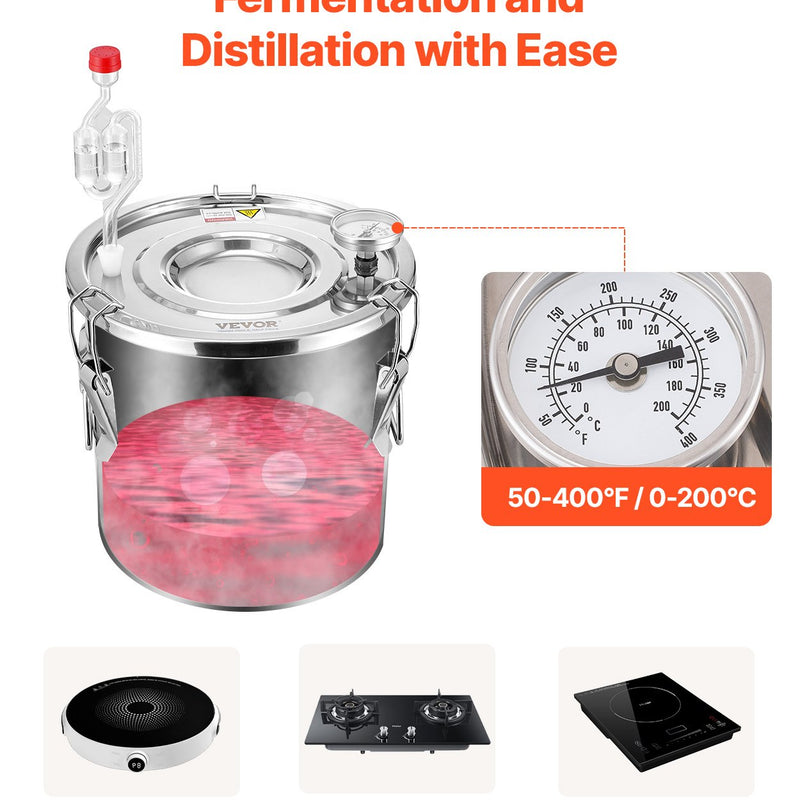 11.4L divu kondensatoru destilācijas aparāts ar iebūvētu termometru uz vāka un 8W ūdens cirkulācijas sūkni, šo iekārtu var izmantot augļu vīnu, brendija, degvīna, viskija, etanola, ūdens un ēterisko eļļu destilācijai.
