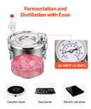 11.4L divu kondensatoru destilācijas aparāts ar iebūvētu termometru uz vāka un 8W ūdens cirkulācijas sūkni, šo iekārtu var izmantot augļu vīnu, brendija, degvīna, viskija, etanola, ūdens un ēterisko eļļu destilācijai.