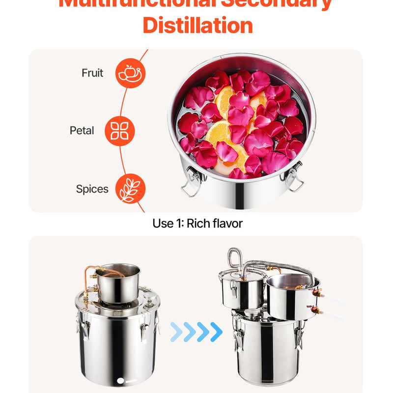 11.4L divu kondensatoru destilācijas aparāts ar iebūvētu termometru uz vāka un 8W ūdens cirkulācijas sūkni, šo iekārtu var izmantot augļu vīnu, brendija, degvīna, viskija, etanola, ūdens un ēterisko eļļu destilācijai.