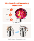 11.4L divu kondensatoru destilācijas aparāts ar iebūvētu termometru uz vāka un 8W ūdens cirkulācijas sūkni, šo iekārtu var izmantot augļu vīnu, brendija, degvīna, viskija, etanola, ūdens un ēterisko eļļu destilācijai.