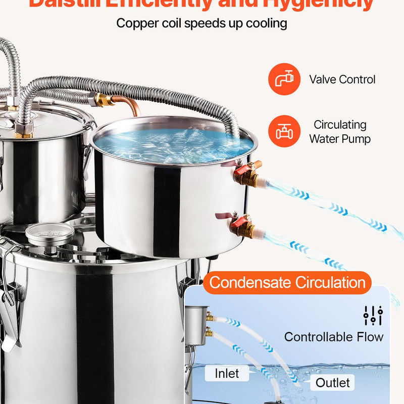 11.4L divu kondensatoru destilācijas aparāts ar iebūvētu termometru uz vāka un 8W ūdens cirkulācijas sūkni, šo iekārtu var izmantot augļu vīnu, brendija, degvīna, viskija, etanola, ūdens un ēterisko eļļu destilācijai.