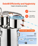 11.4L divu kondensatoru destilācijas aparāts ar iebūvētu termometru uz vāka un 8W ūdens cirkulācijas sūkni, šo iekārtu var izmantot augļu vīnu, brendija, degvīna, viskija, etanola, ūdens un ēterisko eļļu destilācijai.