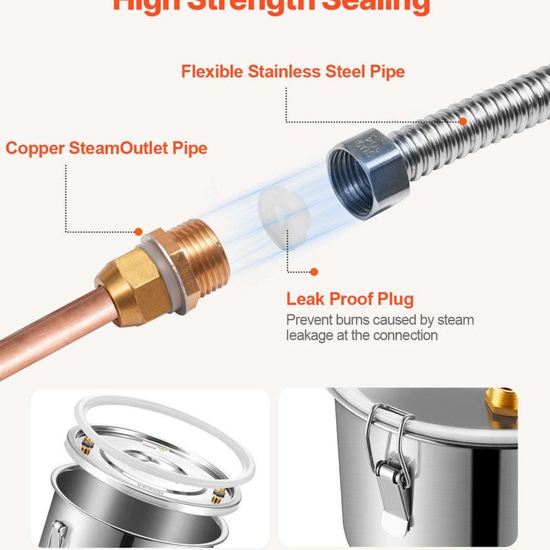 11.4L divu kondensatoru destilācijas aparāts ar iebūvētu termometru uz vāka un 8W ūdens cirkulācijas sūkni, šo iekārtu var izmantot augļu vīnu, brendija, degvīna, viskija, etanola, ūdens un ēterisko eļļu destilācijai.