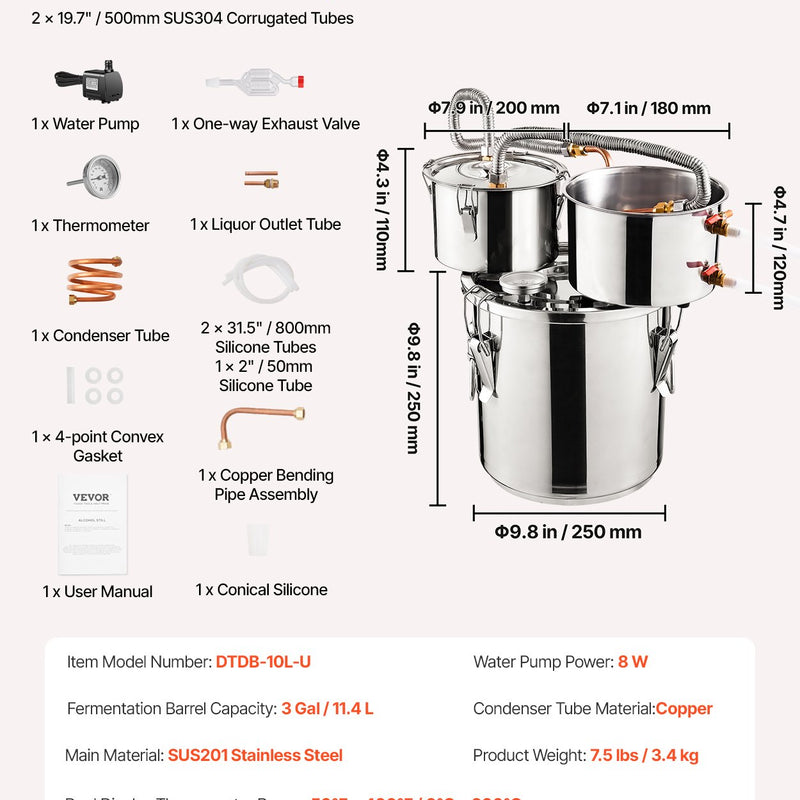 11.4L divu kondensatoru destilācijas aparāts ar iebūvētu termometru uz vāka un 8W ūdens cirkulācijas sūkni, šo iekārtu var izmantot augļu vīnu, brendija, degvīna, viskija, etanola, ūdens un ēterisko eļļu destilācijai.