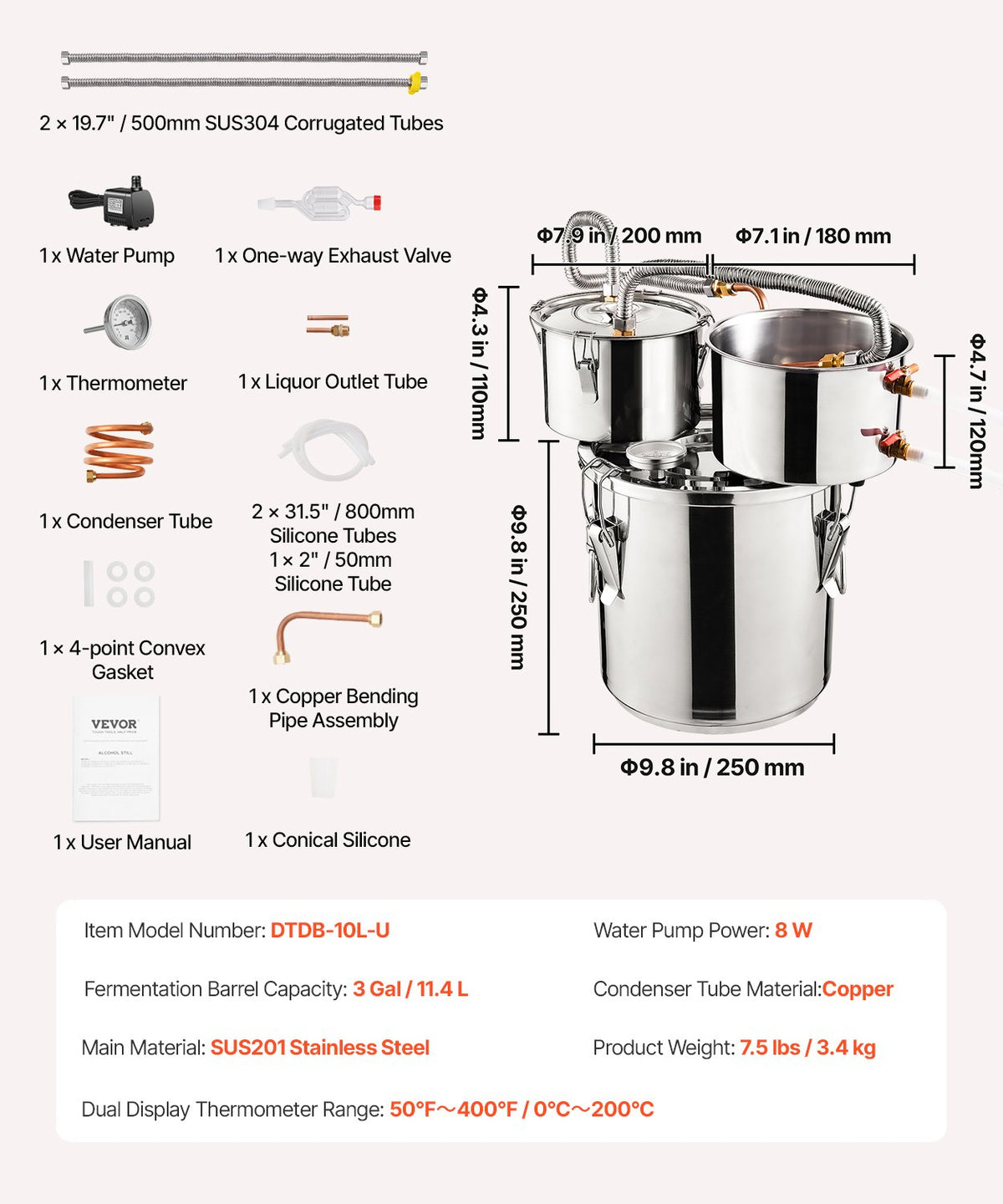 VEVOR Distillation Apparatus 11.4 l with Dual Condensers, Thermometer and 8 W Pump