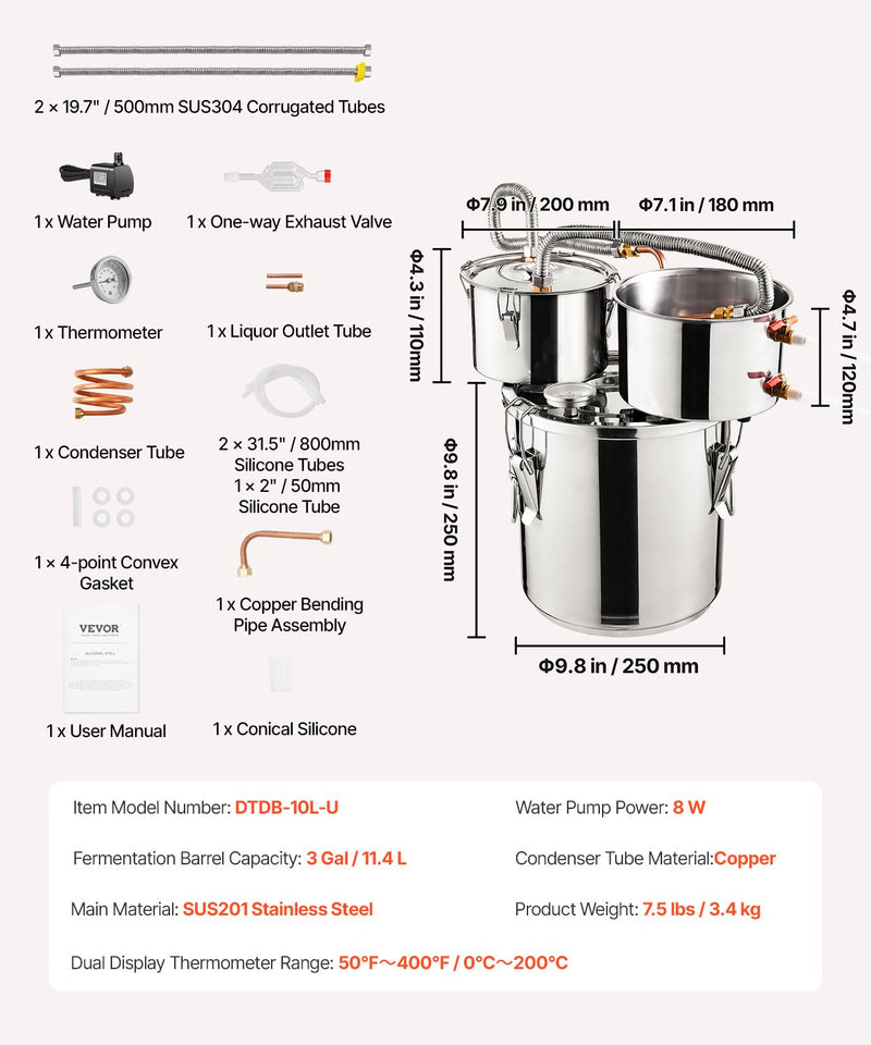 VEVOR 11.4L divu kondensatoru destilācijas aparāts ar iebūvētu termometru uz vāka un 8W ūdens cirkulācijas sūkni,  šo iekārtu var izmantot augļu vīnu, brendija, degvīna, viskija, etanola, ūdens un ēterisko eļļu destilācijai.