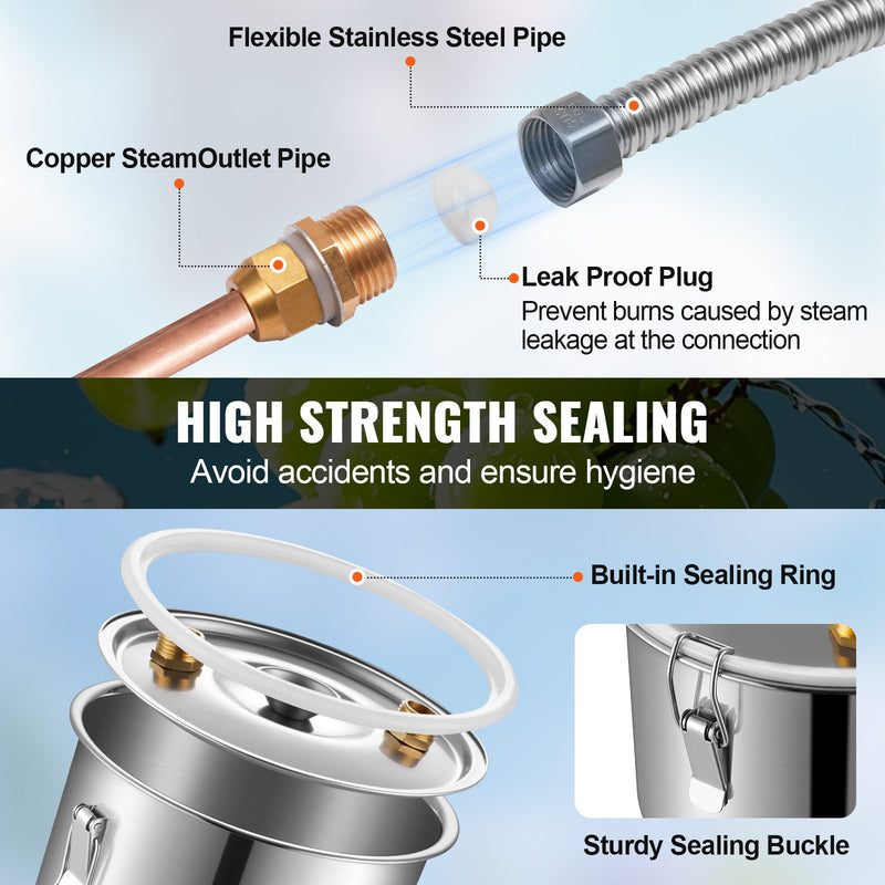 11.4L destilācijas aparāts ar iebūvētu termometru uz vāka un 8W ūdens cirkulācijas sūkni, šo iekārtu var izmantot augļu vīnu, brendija, degvīna, viskija, etanola, ūdens un ēterisko eļļļu destilācijai.