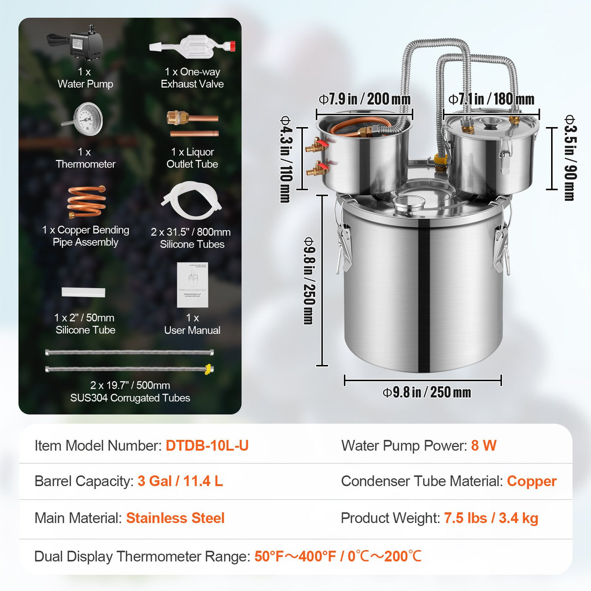 VEVOR Distillation Apparatus 11.4 l with Thermometer and 8 W Pump, for Wine, Brandy and Essential Oils