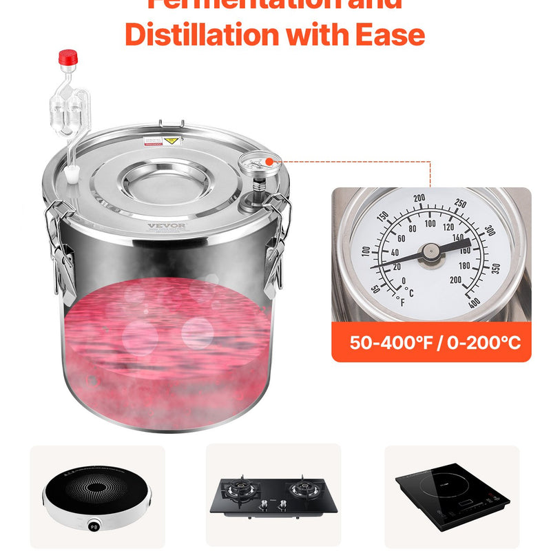 19L divu kondensatoru nerūsējošā tērauda destilācijas aparāts ar iebūvētu termometru uz vāka un ūdens cirkulācijas sūkni, piemērots alkohola destilācijai