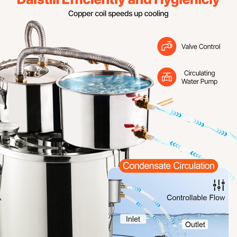 19L divu kondensatoru nerūsējošā tērauda destilācijas aparāts ar iebūvētu termometru uz vāka un ūdens cirkulācijas sūkni, piemērots alkohola destilācijai