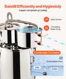 19L divu kondensatoru nerūsējošā tērauda destilācijas aparāts ar iebūvētu termometru uz vāka un ūdens cirkulācijas sūkni, piemērots alkohola destilācijai