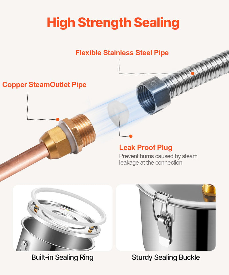 VEVOR 19L divu kondensatoru nerūsējošā tērauda destilācijas aparāts ar iebūvētu termometru uz vāka un ūdens cirkulācijas sūkni, piemērots alkohola destilācijai