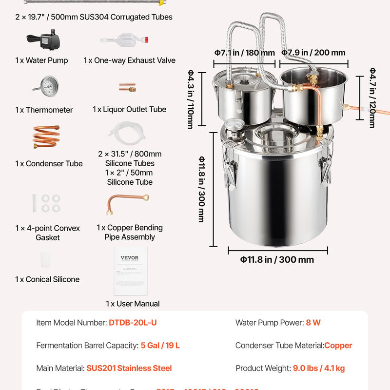 19L divu kondensatoru nerūsējošā tērauda destilācijas aparāts ar iebūvētu termometru uz vāka un ūdens cirkulācijas sūkni, piemērots alkohola destilācijai