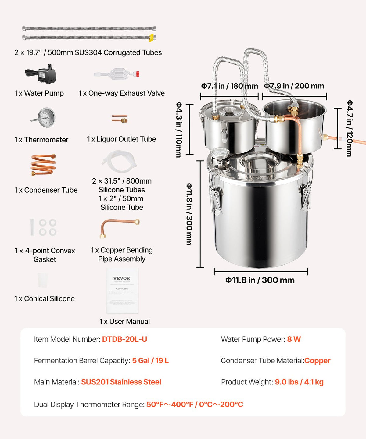 VEVOR Distillation Apparatus 19 l with Dual Condensers, Thermometer and Circulation Pump