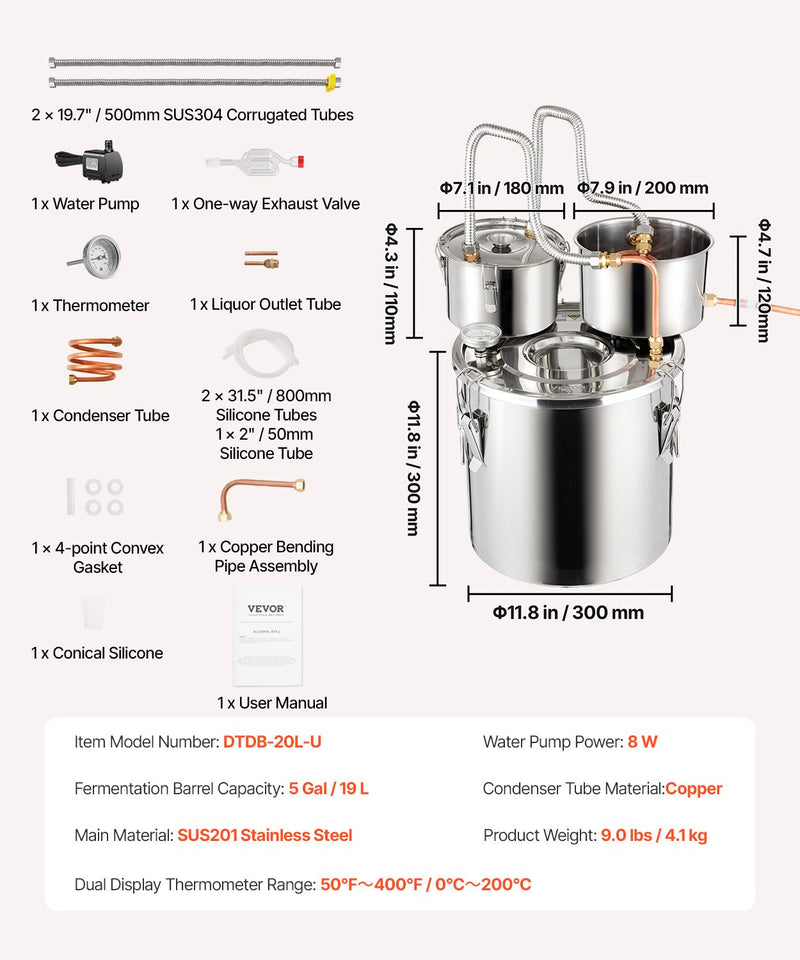 VEVOR 19L divu kondensatoru nerūsējošā tērauda destilācijas aparāts ar iebūvētu termometru uz vāka un ūdens cirkulācijas sūkni, piemērots alkohola destilācijai