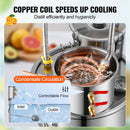 30L VEVOR nerūsējošā tērauda alkohola destilācijas iekārta, vara dzesēšanas spirāli un dubulto kondensatoru, sekundārās destilācijas sistēmu, piemērota vīna, viskija un brendija gatavošanai, sudraba krāsā