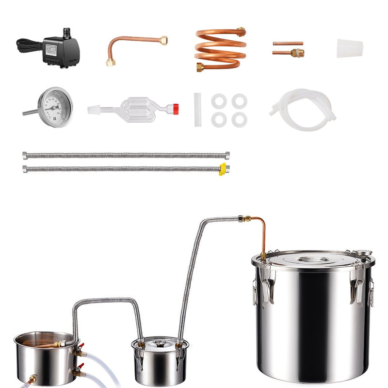 30L destilācijas aparāts ar iebūvētu termometru uz vāka un 8W ūdens cirkulācijas sūkni, šo iekārtu var izmantot augļu vīnu, brendija, degvīna, viskija, etanola, ūdens un ēterisko eļļu destilācijai.