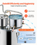 30L destilācijas aparāts ar iebūvētu termometru uz vāka un 8W ūdens cirkulācijas sūkni, šo iekārtu var izmantot augļu vīnu, brendija, degvīna, viskija, etanola, ūdens un ēterisko eļļu destilācijai.
