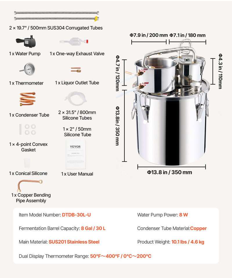 VEVOR 30L destilācijas aparāts ar iebūvētu termometru uz vāka un 8W ūdens cirkulācijas sūkni,  šo iekārtu var izmantot augļu vīnu, brendija, degvīna, viskija, etanola, ūdens un ēterisko eļļu destilācijai.