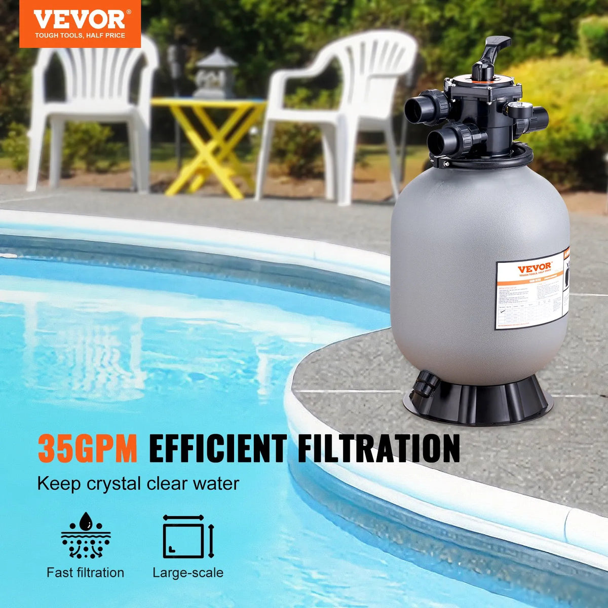 VEVOR Swimming Pool Sand Filter 406 mm, Flow Rate up to 132 l/min, for Above-Ground and In-Ground Pools, with 7-Position Multifunction Valve (Filtration, Backwash, Rinse, Recirculation, Drain, Winter, Closed Mode)