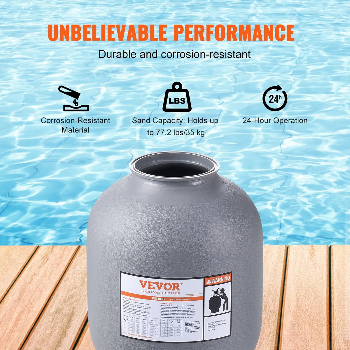 VEVOR Swimming Pool Sand Filter 406 mm, Flow Rate up to 132 l/min, for Above-Ground and In-Ground Pools, with 7-Position Multifunction Valve (Filtration, Backwash, Rinse, Recirculation, Drain, Winter, Closed Mode)