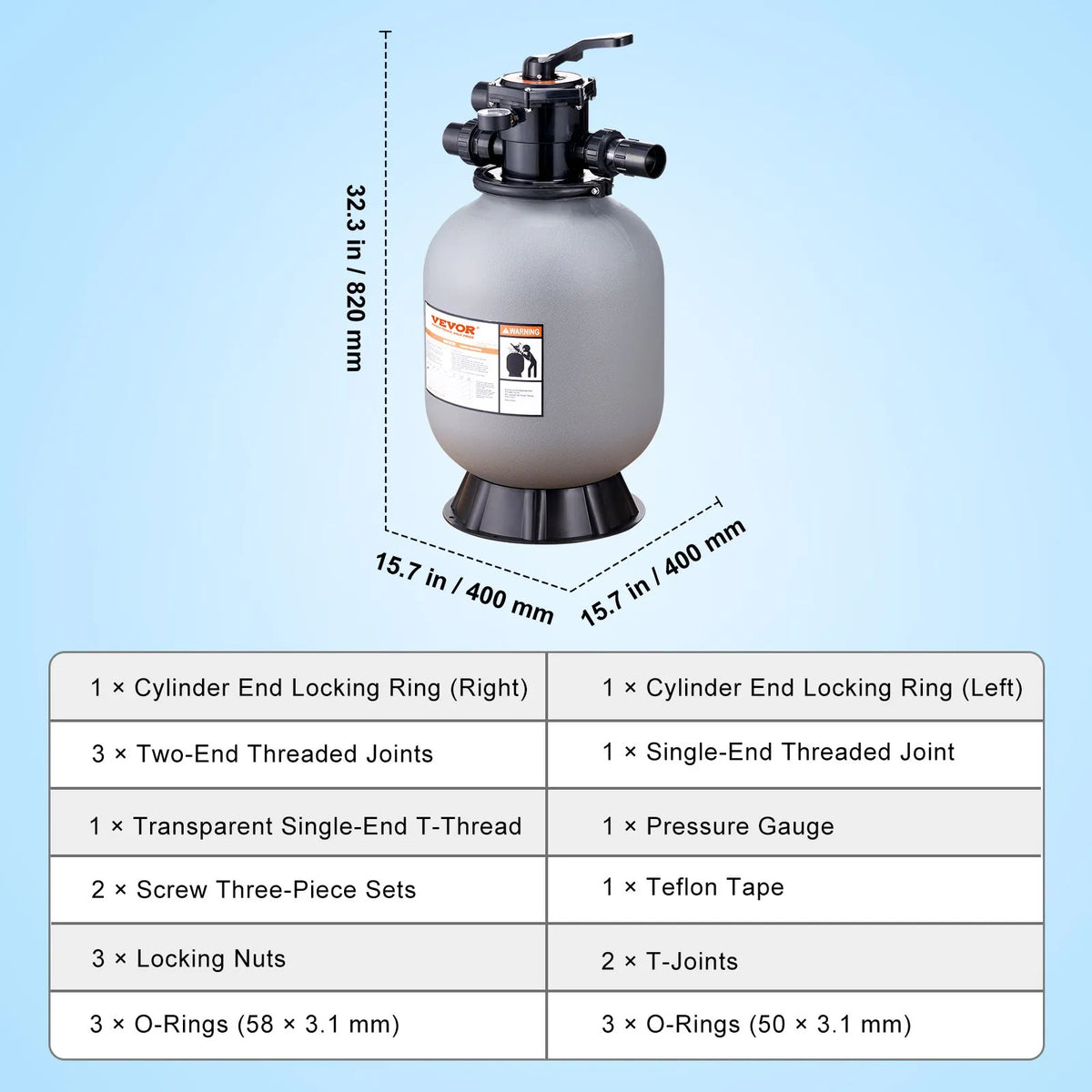VEVOR Swimming Pool Sand Filter 406 mm, Flow Rate up to 132 l/min, for Above-Ground and In-Ground Pools, with 7-Position Multifunction Valve (Filtration, Backwash, Rinse, Recirculation, Drain, Winter, Closed Mode)