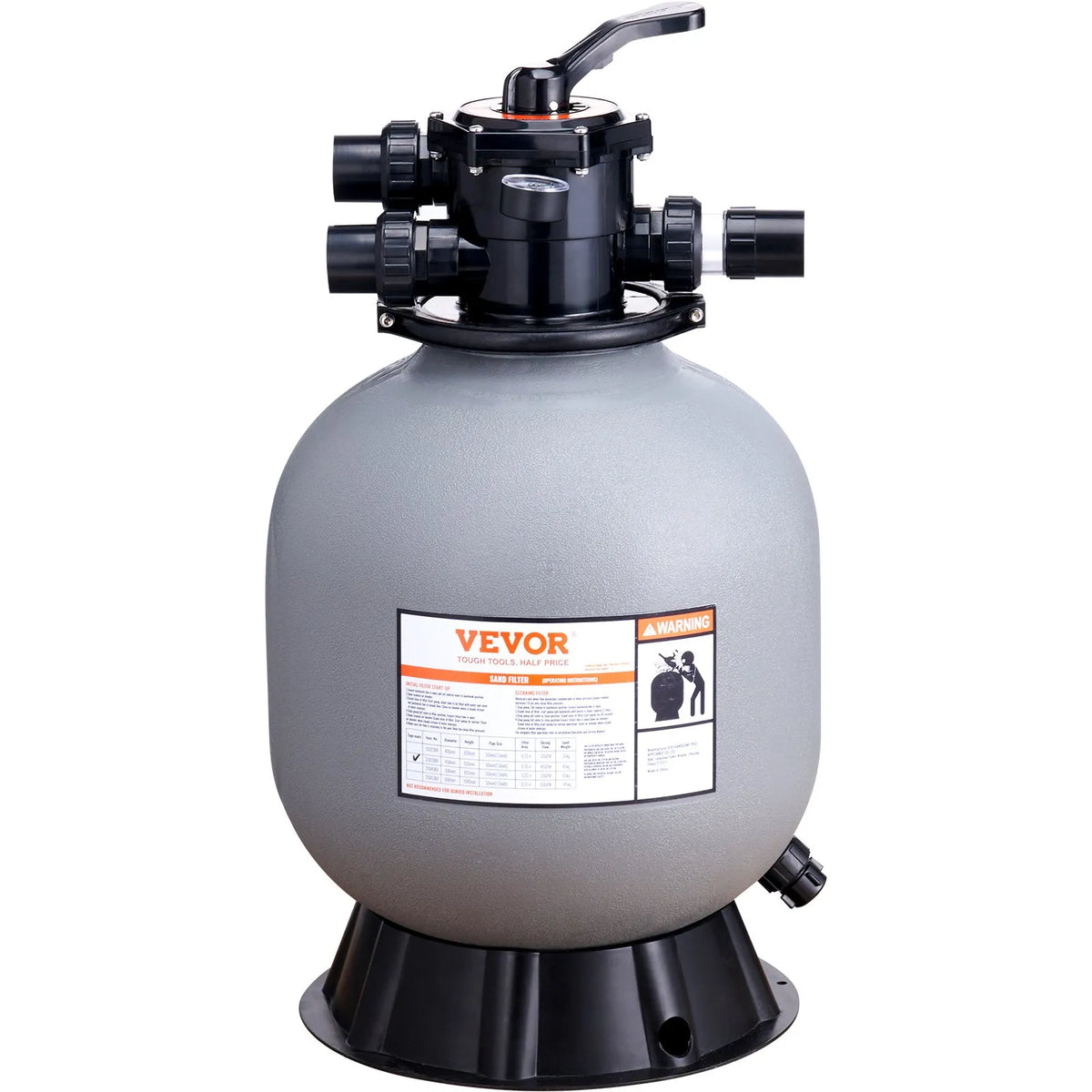 VEVOR Pool Sand Filter 48 cm, Flow up to 10.2 m³/h, Above Ground and In-Ground Pools, 7-Position Multiport Valve (Filter, Rinse, Backwash, Recirculate, Drain, Winter, Closed)