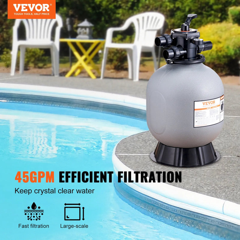 VEVOR baseina smilšu filtrs 48 cm, plūsma līdz 10,2 m³/h, virszemes un zemē ieraktiem baseiniem, 7-pozīciju daudzportu vārsts (filtrēšana, skalošana, atskalošana, recirkulācija, novade, ziema, slēgts)
