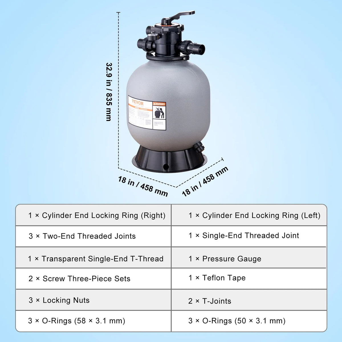 VEVOR Pool Sand Filter 48 cm, Flow up to 10.2 m³/h, Above Ground and In-Ground Pools, 7-Position Multiport Valve (Filter, Rinse, Backwash, Recirculate, Drain, Winter, Closed)