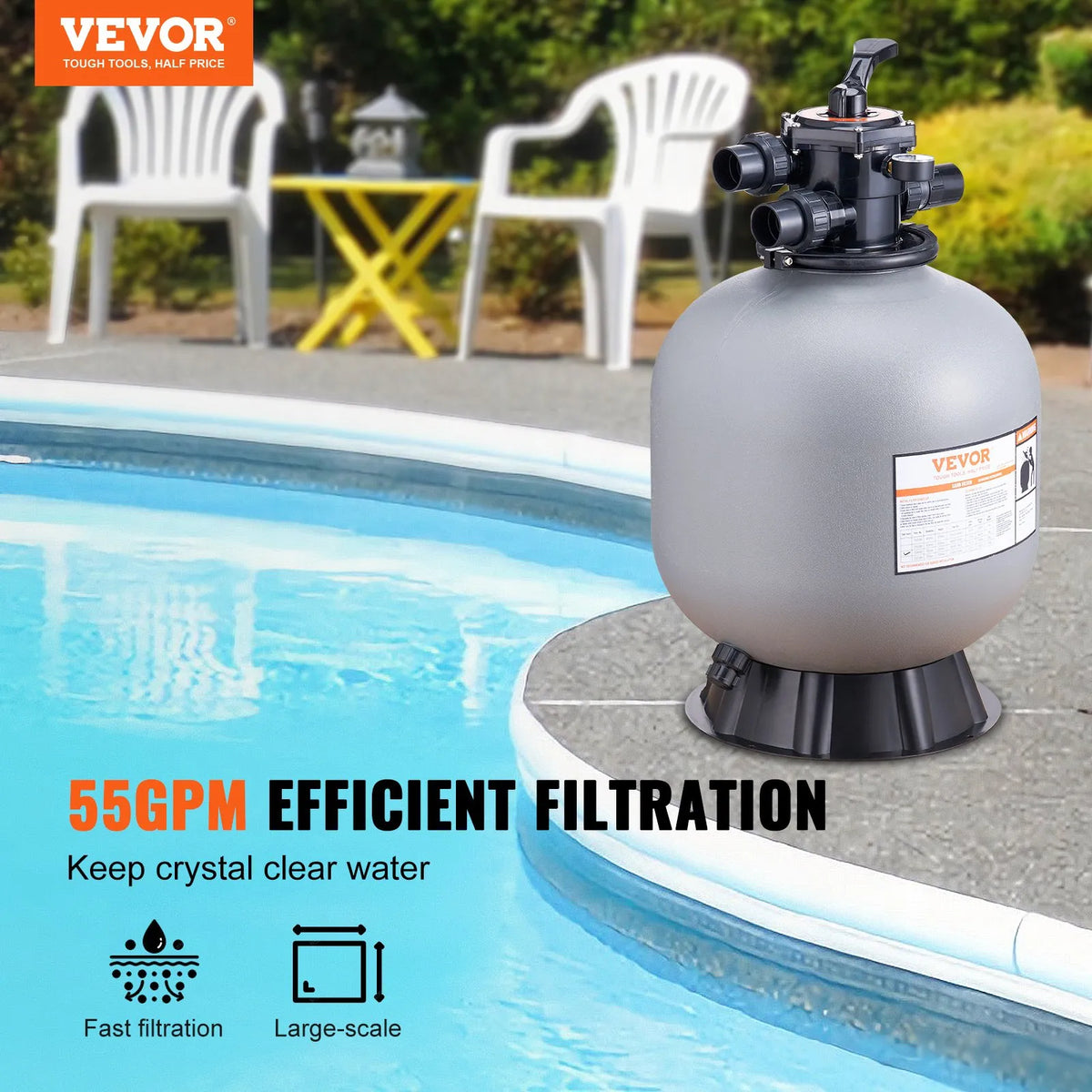 VEVOR Pool Sand Filter System 55.9 cm, Flow Rate up to 12.5 m³/h, for Above-Ground and In-Ground Pools, 7-Position Multiport Valve (Filter, Backwash, Rinse, Recirculate, Drain, Winter Mode, Closed)