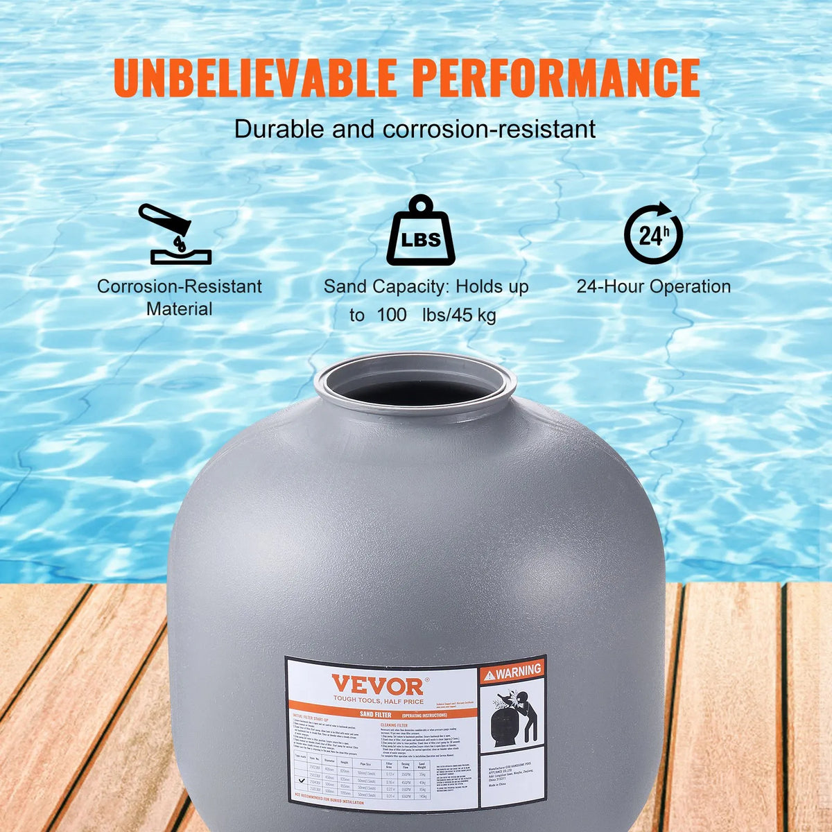 VEVOR Pool Sand Filter System 55.9 cm, Flow Rate up to 12.5 m³/h, for Above-Ground and In-Ground Pools, 7-Position Multiport Valve (Filter, Backwash, Rinse, Recirculate, Drain, Winter Mode, Closed)