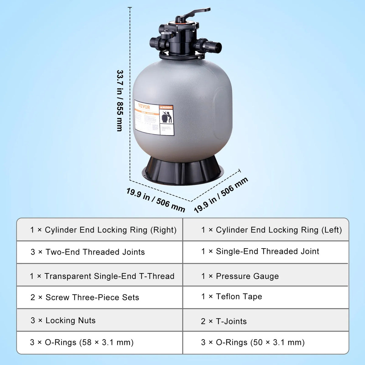 VEVOR Pool Sand Filter System 55.9 cm, Flow Rate up to 12.5 m³/h, for Above-Ground and In-Ground Pools, 7-Position Multiport Valve (Filter, Backwash, Rinse, Recirculate, Drain, Winter Mode, Closed)